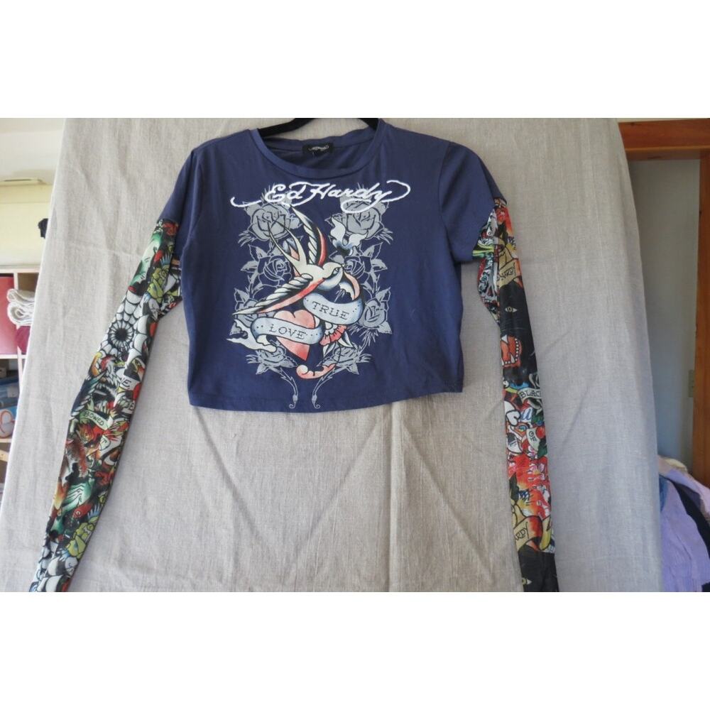 Ed Hardy tattoo sleeve cropped festival shirt size m